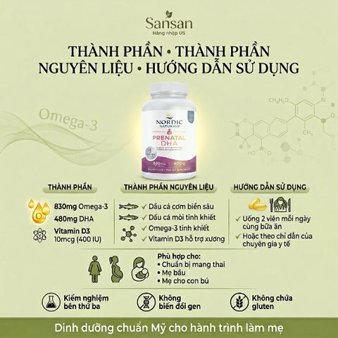 TPBVSK Viên Uống Nordic Naturals Prenatal DHA Cho Bà Bầu Omega 3 830mg + Vitamin D3 90, 180 Viên