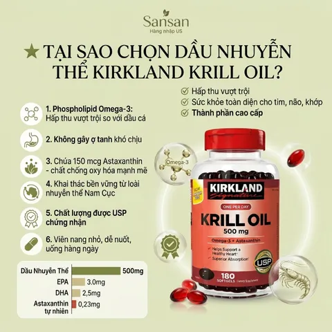 TPBVSK Kirkland Signature Krill Oil Omega3 + Astaxanthin 500mg Dầu nhuyễn thể 500v - Nội địa Mỹ