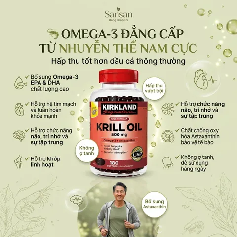 TPBVSK Kirkland Signature Krill Oil Omega3 + Astaxanthin 500mg Dầu nhuyễn thể 500v - Nội địa Mỹ