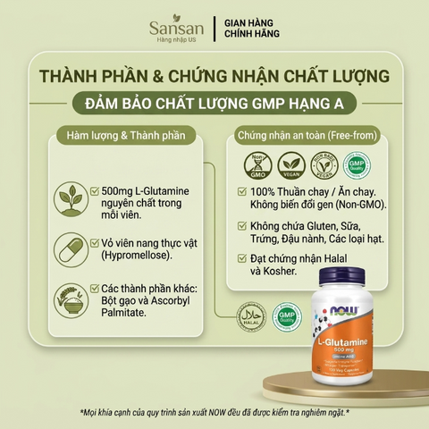 Viên uống NOW L-Glutamine 500mg 120 viên – Hỗ trợ chức năng miễn dịch, vận chuyển nitơ, bổ sung axit amin
