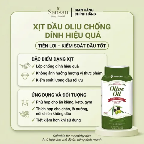 Dầu xịt Olive Oil Member's Mark 198g - Xịt chống dính, 0 calo, dùng cho nồi chiên không dầu