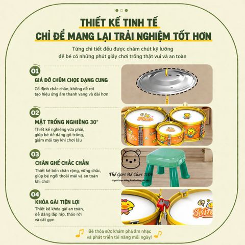 Bộ trống Jazz Drum 5 trống cho bé kèm ghế phát triển năng khiếu âm nhạc cho trẻ Thế giới đồ chơi 1104