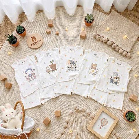 Bộ ba lỗ chất petit họa tiết hoạt hình gấu thỏ hãng EMBESOI mát mềm dễ thương mùa hè cho bé trai bé gái