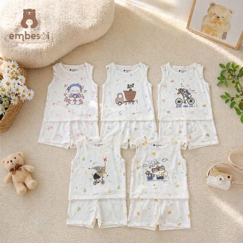 Bộ ba lỗ chất petit họa tiết hoạt hình gấu thỏ hãng EMBESOI mát mềm dễ thương mùa hè cho bé trai bé gái