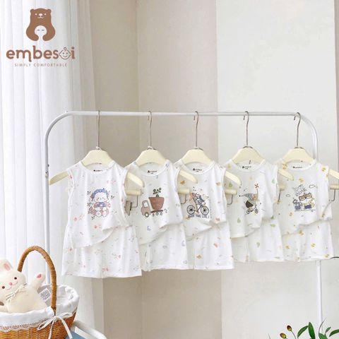 Bộ ba lỗ chất petit họa tiết hoạt hình gấu thỏ hãng EMBESOI mát mềm dễ thương mùa hè cho bé trai bé gái