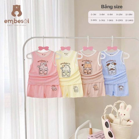 Bộ ba lỗ chất petit họa tiết hoạt hình gấu thỏ đáng yêu hãng EMBESOI mát lạnh dễ thương mùa hè cho bé trai bé gái