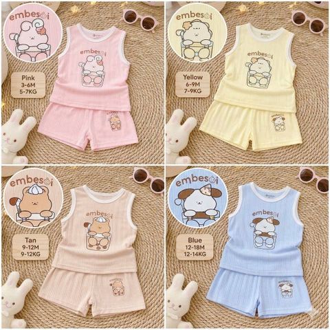 Bộ ba lỗ chất petit họa tiết hoạt hình gấu thỏ đáng yêu hãng EMBESOI mát lạnh dễ thương mùa hè cho bé trai bé gái