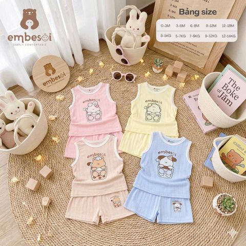Bộ ba lỗ chất petit họa tiết hoạt hình gấu thỏ đáng yêu hãng EMBESOI mát lạnh dễ thương mùa hè cho bé trai bé gái