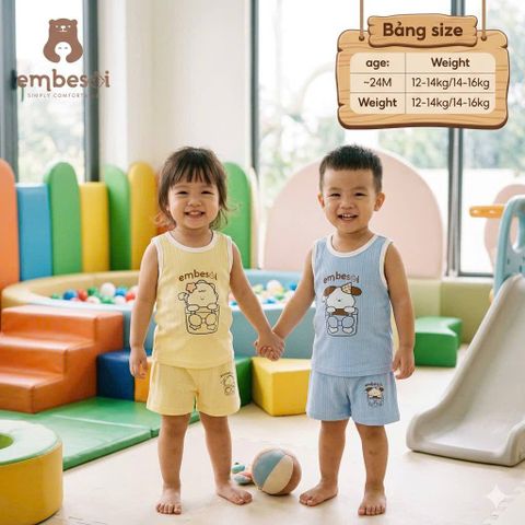 Bộ ba lỗ chất petit họa tiết hoạt hình gấu thỏ đáng yêu hãng EMBESOI mát lạnh dễ thương mùa hè cho bé trai bé gái