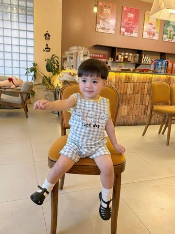 Set bộ ba lỗ kẻ chó con cute hoạt hình vui nhộn mùa hè mát mẻ thoáng khí cho bé trai trẻ em thời trang