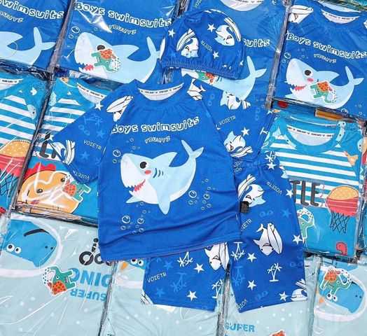 Set bộ đồ bơi cho bé đi bơi đi biển hoạt hình khủng long cá mập babyshark dễ thương kèm mũ mùa hè