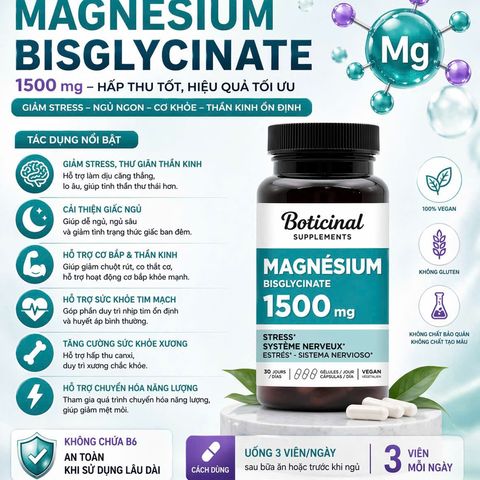 Magie Bisglycinate thuần chay Boticinal Pháp 90 viên