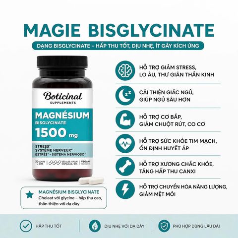 Magie Bisglycinate thuần chay Boticinal Pháp 90 viên