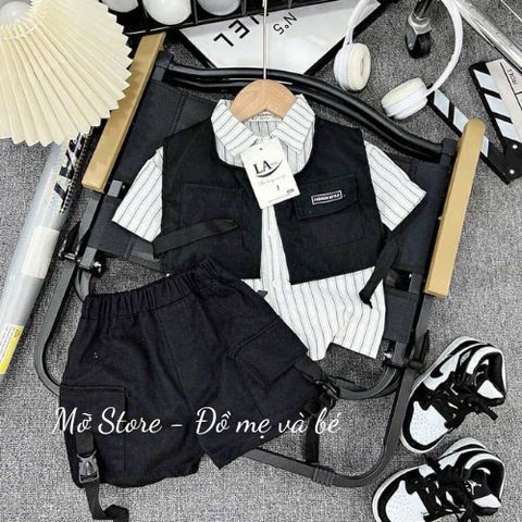 Set áo sơ mi kẻ kèm quần và gile kaki khoác ngoài cá tính boy phố cho bé trai xuân hè kèm ảnh thật cận chất