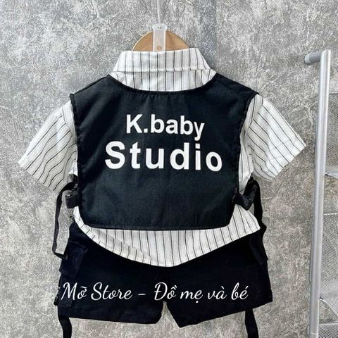 Set áo sơ mi kẻ kèm quần và gile kaki khoác ngoài cá tính boy phố cho bé trai xuân hè kèm ảnh thật cận chất