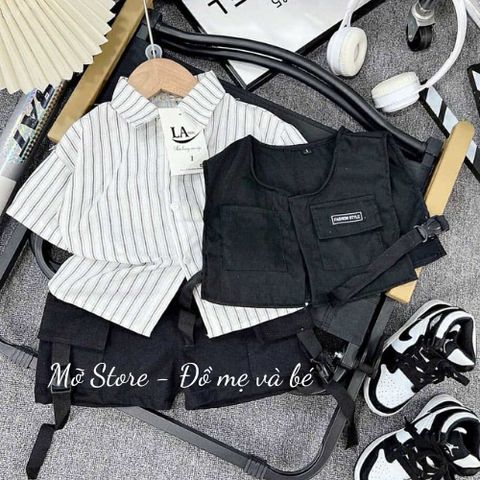 Set áo sơ mi kẻ kèm quần và gile kaki khoác ngoài cá tính boy phố cho bé trai xuân hè kèm ảnh thật cận chất