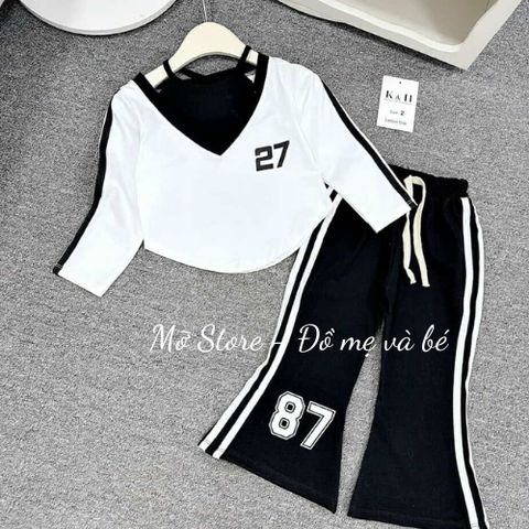 Set áo yếm buộc dây chạy viền kèm quân ống loe thể thao cá tính cho bé gái 10-30kg