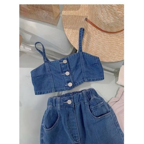 Hàng QC - Set áo yếm kèm quần suông jean cho bé gái mùa hè phong cách hàn quốc mặc đi chơi đi biển