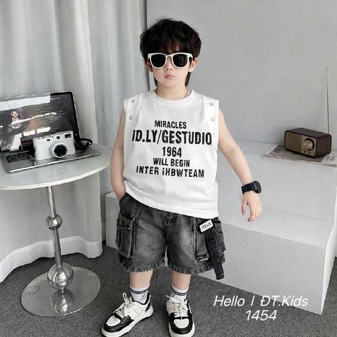 Set áo ba lỗ chữ kèm quần short jean túi hộp mùa hè cho bé trai mặc đi chơi đi học mát mẻ phong cách hàn quốc