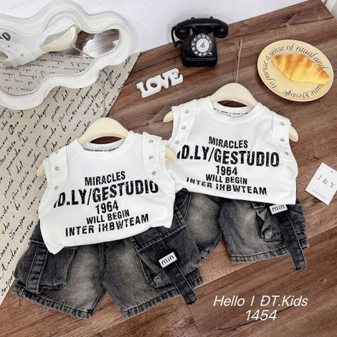 Set áo ba lỗ chữ kèm quần short jean túi hộp mùa hè cho bé trai mặc đi chơi đi học mát mẻ phong cách hàn quốc