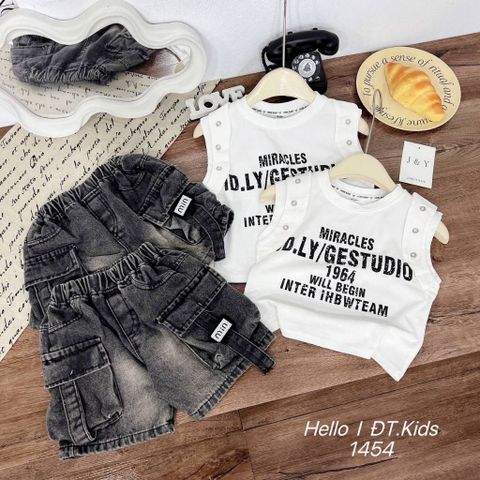 Set áo ba lỗ chữ kèm quần short jean túi hộp mùa hè cho bé trai mặc đi chơi đi học mát mẻ phong cách hàn quốc