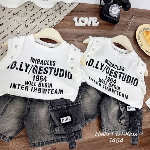 Set áo ba lỗ chữ kèm quần short jean túi hộp mùa hè cho bé trai mặc đi chơi đi học mát mẻ phong cách hàn quốc