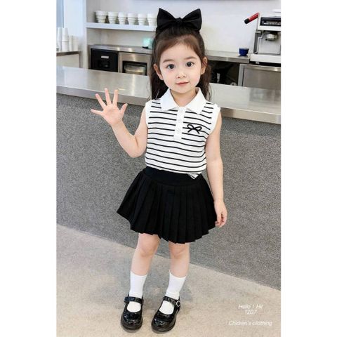 Set áo ba lỗ kẻ thêu nơ kèm chân váy xếp ly mặc đi chơi đi học mùa hè cho bé gái