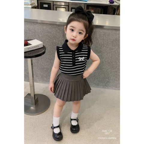 Set áo ba lỗ kẻ thêu nơ kèm chân váy xếp ly mặc đi chơi đi học mùa hè cho bé gái