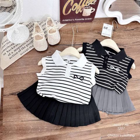 Set áo ba lỗ kẻ thêu nơ kèm chân váy xếp ly mặc đi chơi đi học mùa hè cho bé gái