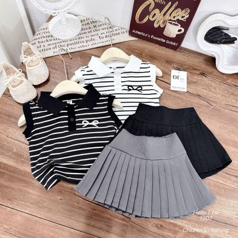 Set áo ba lỗ kẻ thêu nơ kèm chân váy xếp ly mặc đi chơi đi học mùa hè cho bé gái