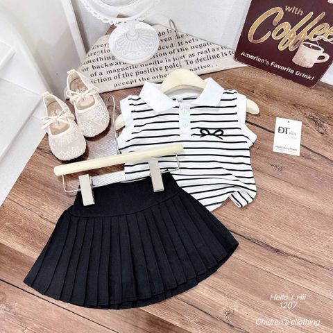Set áo ba lỗ kẻ thêu nơ kèm chân váy xếp ly mặc đi chơi đi học mùa hè cho bé gái