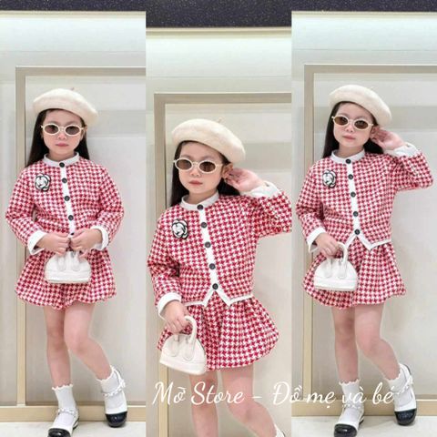 Set hoa trà kẻ xinh xắn điệu đà dễ thương thu đông cho bé gái