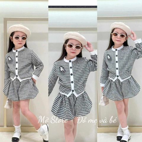Set hoa trà kẻ xinh xắn điệu đà dễ thương thu đông cho bé gái