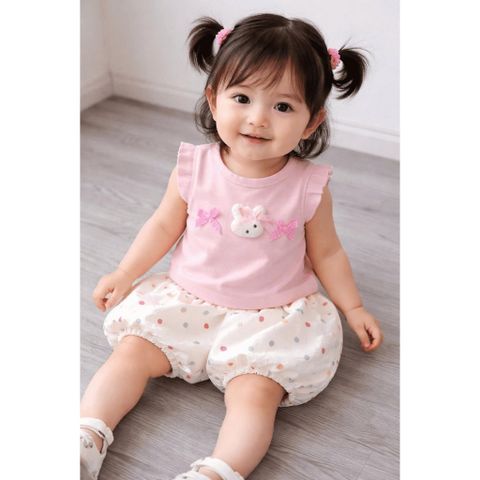 Set áo thun cánh tiên thỏ con nơ xinh xắn kèm quần bí bồng chấm bi điệu đà phong cách hàn quốc mùa hè mát mẻ cho bé gái