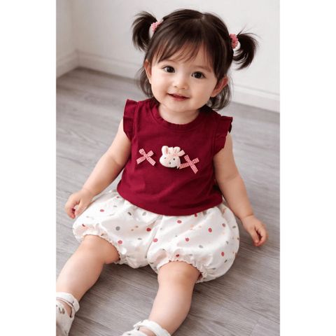 Set áo thun cánh tiên thỏ con nơ xinh xắn kèm quần bí bồng chấm bi điệu đà phong cách hàn quốc mùa hè mát mẻ cho bé gái