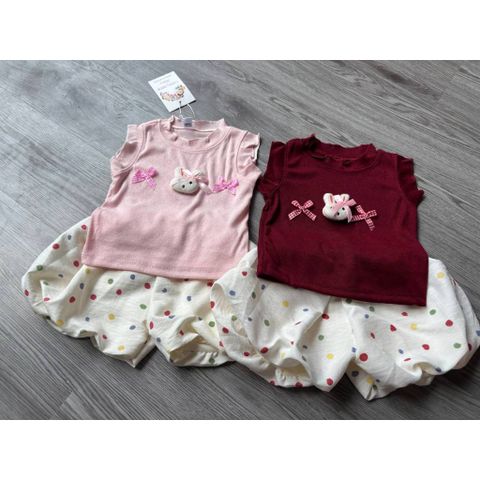 Set áo thun cánh tiên thỏ con nơ xinh xắn kèm quần bí bồng chấm bi điệu đà phong cách hàn quốc mùa hè mát mẻ cho bé gái