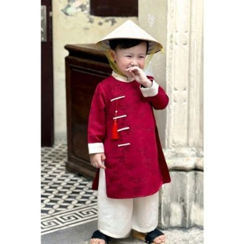 Áo dài cách tân gấm hoa văn cao cấp cho bé trai mặc đi chơi Tết 10-30kg