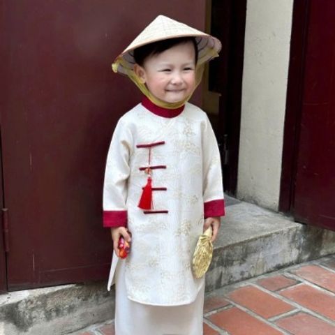 Áo dài cách tân gấm hoa văn cao cấp cho bé trai mặc đi chơi Tết 10-30kg