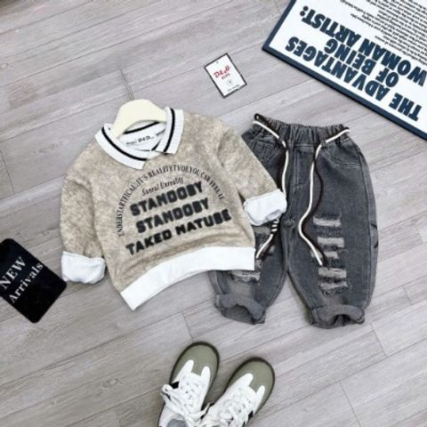 Áo nỉ polo chữ kèm quần baggy jean rách phong cách hàn quốc thu đông cho bé trai