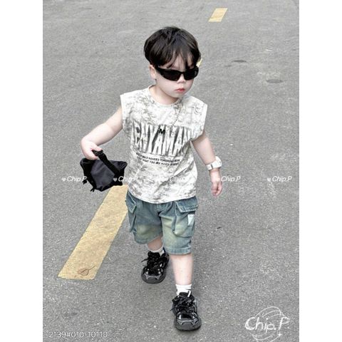 Set áo ba lỗ loang chữ kèm quần short jean túi hộp hottrend cho bé trai boy phố mùa hè