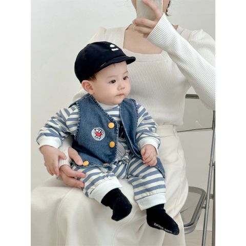 Hàng QC Set bodysuit kẻ mèo xinh đáng yêu cute kèm áo gile jean bò và mũ len cho bé trai phong cách hàn quốc thu đông