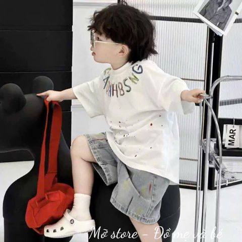Set bộ bé trai áo thun chữ mix quần short jean bò hottrend mùa hè cận chất 10-30kg