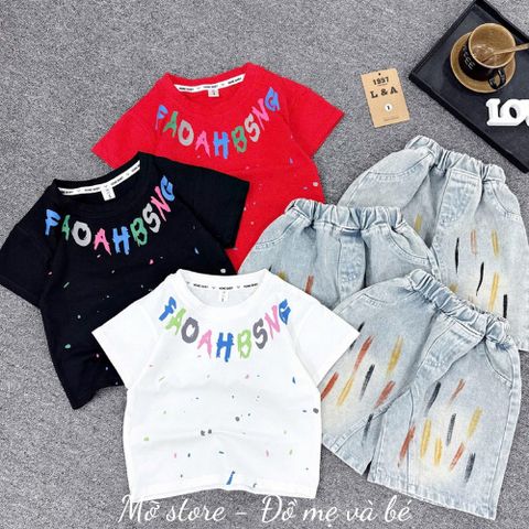 Set bộ bé trai áo thun chữ mix quần short jean bò hottrend mùa hè cận chất 10-30kg