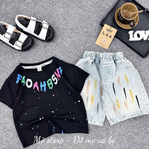 Set bộ bé trai áo thun chữ mix quần short jean bò hottrend mùa hè cận chất 10-30kg