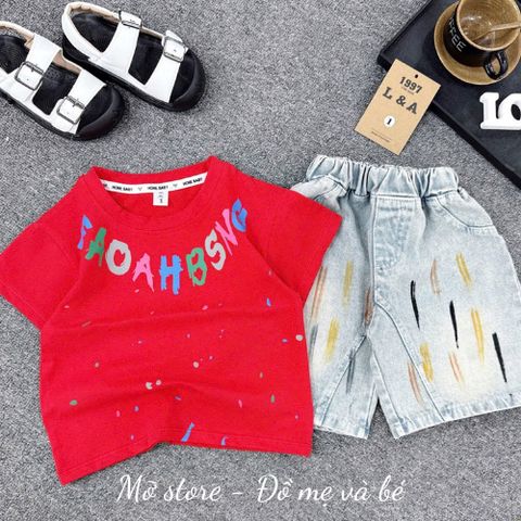 Set bộ bé trai áo thun chữ mix quần short jean bò hottrend mùa hè cận chất 10-30kg