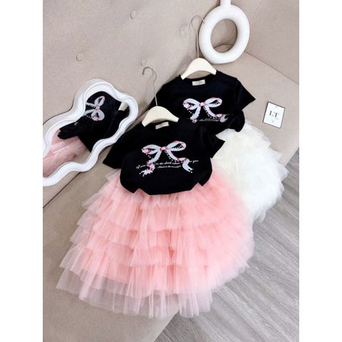 Set áo cotton kèm chân váy voan công chúa bồng xòe dáng dài xinh xắn điệu đà cho bé gái 10-30kg