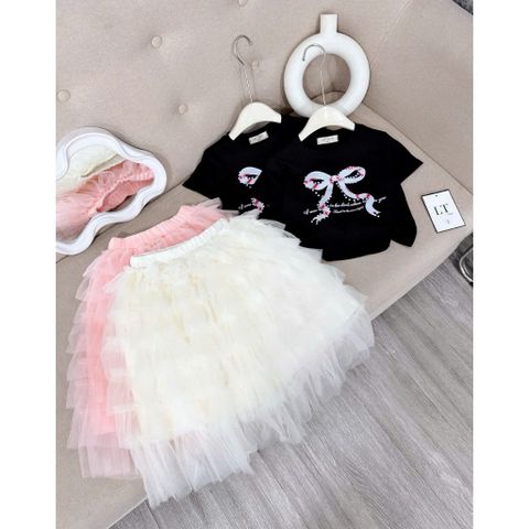 Set áo cotton kèm chân váy voan công chúa bồng xòe dáng dài xinh xắn điệu đà cho bé gái 10-30kg