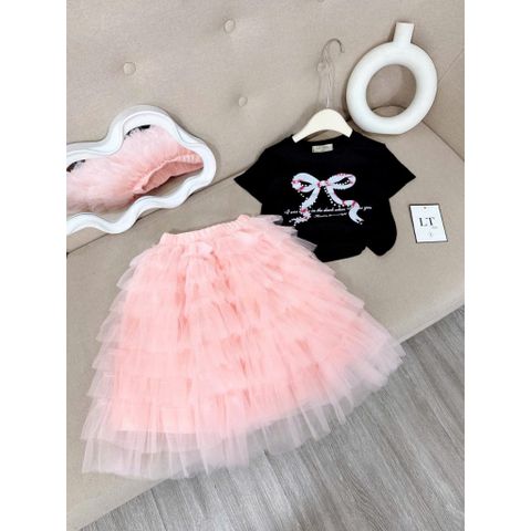 Set áo cotton kèm chân váy voan công chúa bồng xòe dáng dài xinh xắn điệu đà cho bé gái 10-30kg