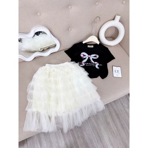 Set áo cotton kèm chân váy voan công chúa bồng xòe dáng dài xinh xắn điệu đà cho bé gái 10-30kg