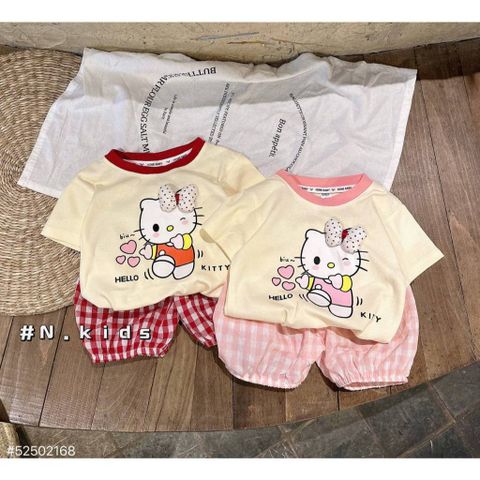 Set bộ thun cotton hello kitty xinh xắn đáng yêu quần đũi kẻ phong cách hàn quốc mát mẻ mùa hè cho bé gái 7-14kg